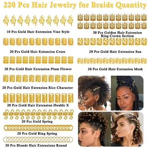 Grille détaillée du set de 220 bijoux de cheveux dorés avec breloques et anneaux pour tresses