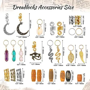 Tableau des tailles présentant divers charms en cristal pour tresses et perles en bois