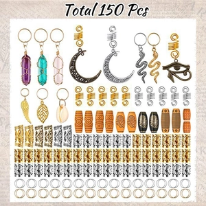 Lot de 150 bijoux de cheveux bohème avec cristaux perles en bois et anneaux métal