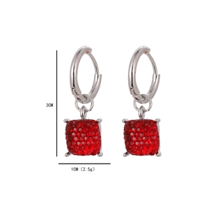 Minimalist silver hoop earrings with square red crystal pendants for women, 3CM in height