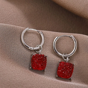 Simple Niche Resin Square Hoop Earrings For Women Silver Electroplated Metal Red Rhinestone Pendant Geometric Jewelry