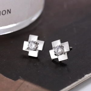 Copper Zirconia Stud Earrings With Stainless Steel Earring Post Shiny Cross Four Pointed Star Jewelry For Women Daily Wear
