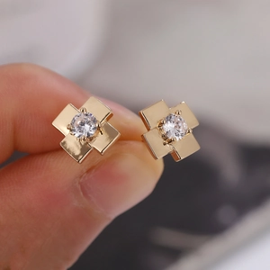 Sparkling zircon geometric stud earrings in gold-plated finish for women