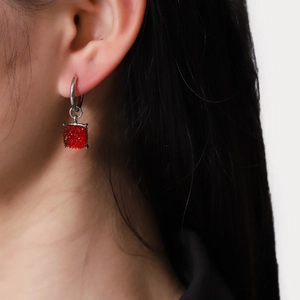 Minimalist square red crystal drop earrings with silver metal hoop for women