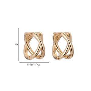 Detail view of gold double-hoop knotted earrings with size dimensions and 1.7g weight