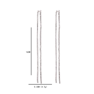 Elegant long fringe rhinestone tassel earrings in silver finish for women, 16cm length