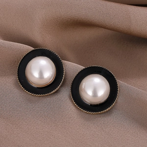 Vintage Legierung Künstliche Perlenimitat Ohrstecker Französisch Retro Gold Gedrehter Rand Schwarz Emaille Runde Ohrringe Damen Schmuck