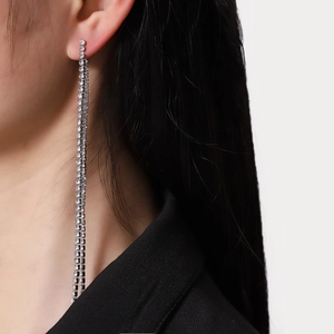 Elegant long tassel rhinestone earrings for women with dangling silver crystal chains