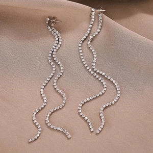 Elegant Long Tassel Earrings For Women With 925 Sterling Silver Earring Post Copper White Zirconia Linear Wave Fringe Wedding Jewelry