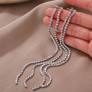 Sparkling long tassel drop earrings with S925 silver needle and crystal fringe details