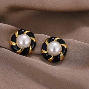 Vintage Round Stud Earrings With 925 Sterling Silver Earring Post Black Enamel Spiral Alloy Imitation Artificial Pearl Jewelry For Women