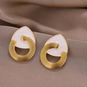 Boucles d'Oreilles Goutte en Alliage Plaqué Or Vintage Cercle Rayé Géométrique Émail Blanc Bijoux Femme Tige en Acier Inoxydable