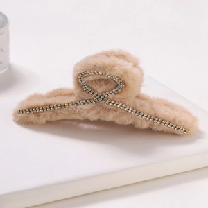 Plush faux fur large hair claw clip with crisscross rhinestones for women hair styling