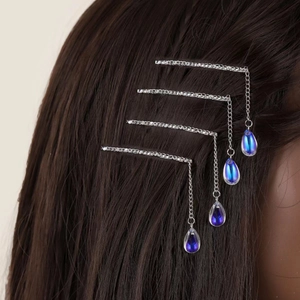 Pince à Cheveux Élégante en Argent avec Pendentif Goutte d'Eau et Chaîne en Strass Pince à Frange pour Femme Bijoux Quotidiens