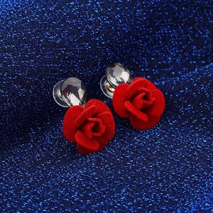 Orecchini a Bottone con Rosa Rossa Floccata per Donna In Lega con Strass Perno in Acciaio Inossidabile Gioielli Minimalisti