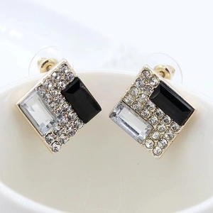 Elegant gold square clip-on earrings with black and white crystals for non-pierced ears