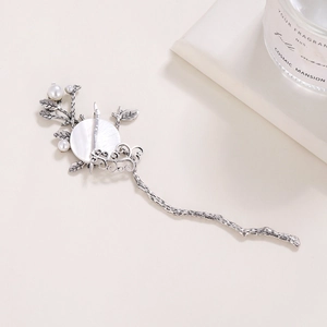Eleganter Vintage-Haarstab aus Silber mit Ast-Design, Perlmutteinlage und Perlen