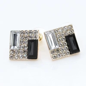 Elegant gold square stud earrings with sparkling crystals and contrasting black stones