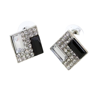 Sparkling square stud earrings with black and white crystals in a silver metal setting