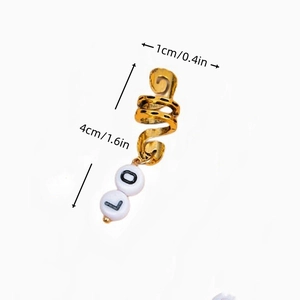 Detailed view of golden spiral hair rings with white LO letter beads and dimensions