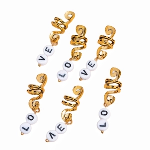 Golden spiral hair rings with white alphabet beads spelling LOVE for dreadlocks styling