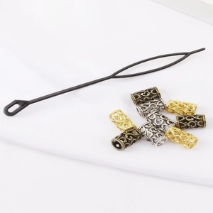Punk style dreadlock accessories set with metal rings and black weaving needle tool