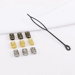 Detailed set of metallic hollow dreadlock hair rings with a black styling tool accessories