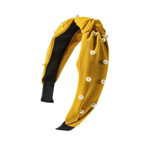 Ginger yellow knotted fabric headband with white pearls for women's hair styling