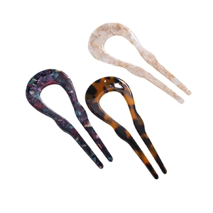 Japanese style U-shaped acetate hair pins with marble and tortoise shell patterns set of 3