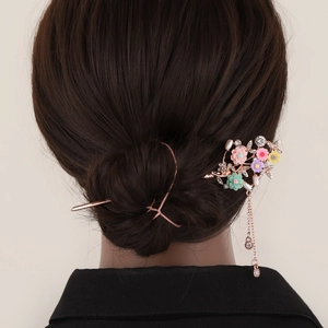 Vintage Rose Gold Alloy Floral Hair Stick With Tassel Rhinestone Inlaid Faux Artificial Pearl Classical Hairpin For Women Wedding Party Jewelry