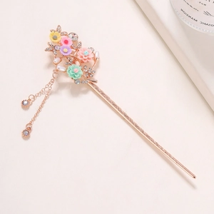 Vintage rose gold hair stick with colorful floral crystals and elegant tassel dangles