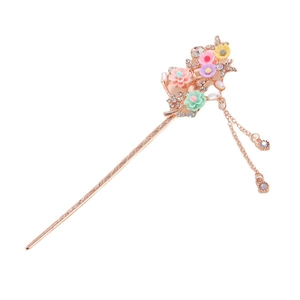 Vintage floral hair stick with colorful resin flowers and dangling metal tassels