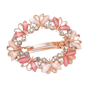 Elegant rose gold spring hair clip with pink opal butterflies and sparkling rhinestones
