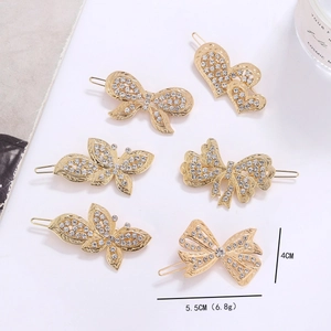 Lot de 6 épingles à cheveux dorées avec strass, formes de papillon et de cœur