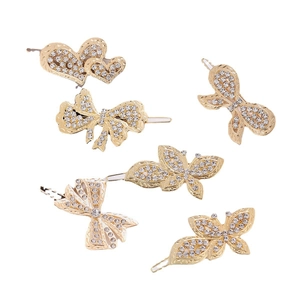 Lot de 6 barrettes dorées avec strass brillants en formes de cœur et de papillon