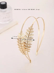 Detail of golden laurel leaf bridal headband showing metallic texture and dimensions
