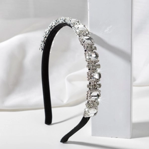 Korean Style Luxury Geometric Rectangular Rhinestone Encrusted Headband For Women Black Fabric Pave Crystal Hair Band Accessory