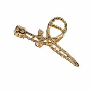 Elegant gold metal rose hair claw clip with vintage thorn stem design for women
