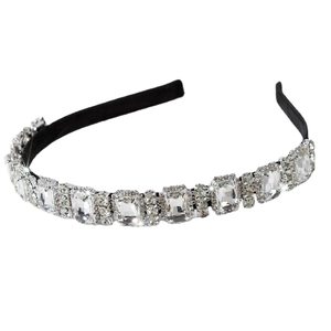 Elegant black headband with luxury rectangular crystal rhinestones in a refined micro-pavé setting