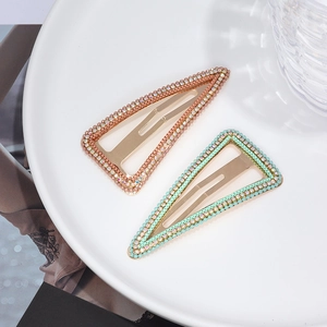 Elegant pair of triangular metal BB clips with colorful rhinestones in rose gold and mint