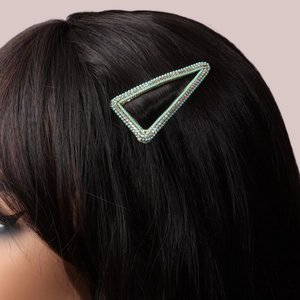 Triangle BB hair clip with turquoise beads and rainbow rhinestones on black hair