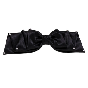 Barrette à cheveux nœud satin noir à trois couches avec strass argentés brillants