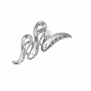 Silver wavy metal hair claw clip with pearl detail for women thick hair styling
