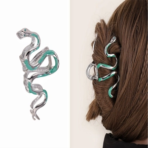 Vintage Silver Snake Shape Hair Claw Clip With Green Enamel And Rhinestone Accents For Women Stylish Animal Hair Accessories