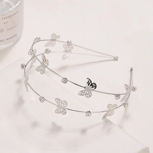 Eleganter zweischichtiger Silber-Haarreif mit Schmetterlings-Motiven und Strasssteinen