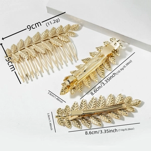 Detailed view of golden leaf hair comb and clips set with precise measurements