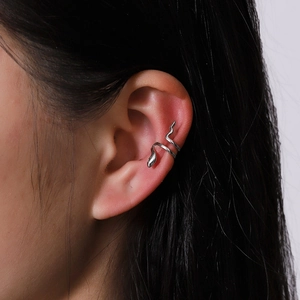 Silver double snake ear cuff wrap earring for women in a minimalist Korean style design