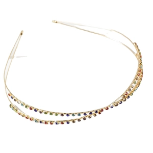 Exquisite double-layered gold headband with sparkling colorful rhinestones on white backdrop