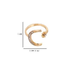Golden crescent moon and star open ring with sparkling rhinestones measurement view