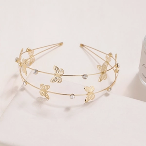 Zweilagiges goldenes Schmetterlingsstirnband mit funkelnden Strasssteinen für Damenfrisuren